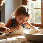 A young child happily kneading dough at a kitchen counter, flour dusting their face, with a parent guiding their hands. Sunlight streams through the window, highlighting the warmth of the family activity.