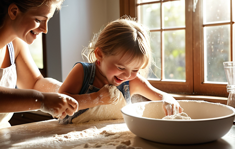A young child happily kneading dough at a kitchen counter, flour dusting their face, with a parent guiding their hands. Sunlight streams through the window, highlighting the warmth of the family activity.