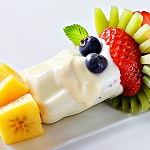 Home 6 **
A vibrant and colorful fruit yogurt skewer. The skewer features a rainbow of fruits like strawberries, bananas, kiwi, and grapes, drizzled with honey-sweetened yogurt. The background is bright and cheerful.
**