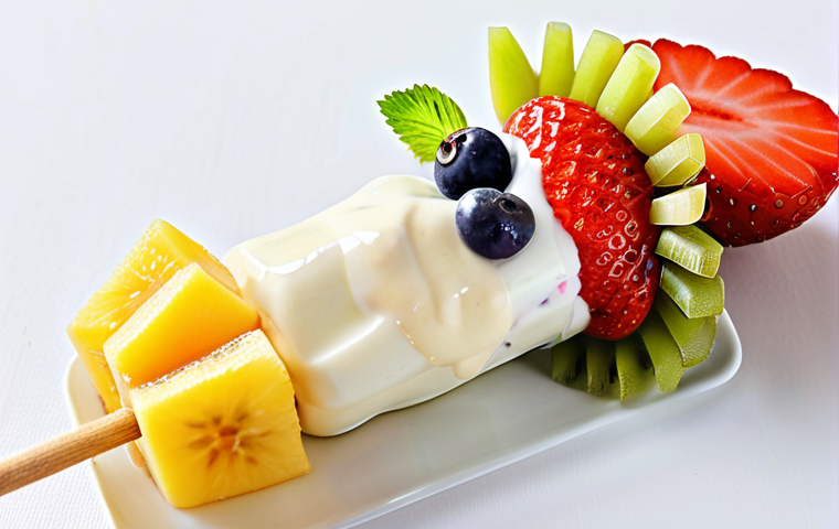 **

A vibrant and colorful fruit yogurt skewer. The skewer features a rainbow of fruits like strawberries, bananas, kiwi, and grapes, drizzled with honey-sweetened yogurt. The background is bright and cheerful.

**